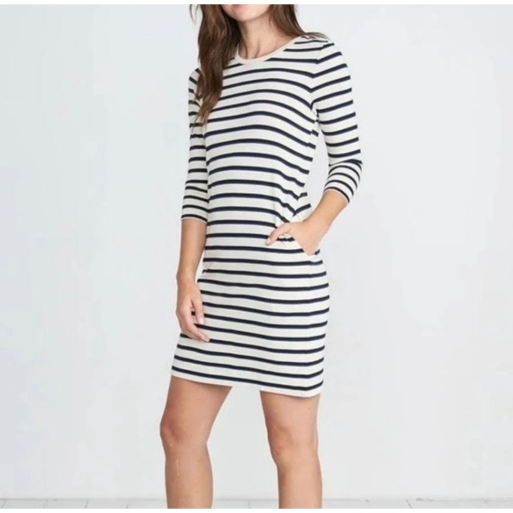 Marine Layer Striped T-Shirt Dress Womens XS Cream Navy Blue 3/4 Sleeve Pockets